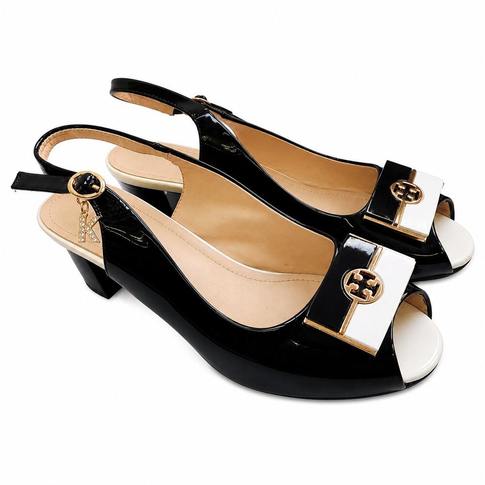 KAJIALI Womens 7 Black White Patent Peep Toe Slingback Sandals Gold Hardware